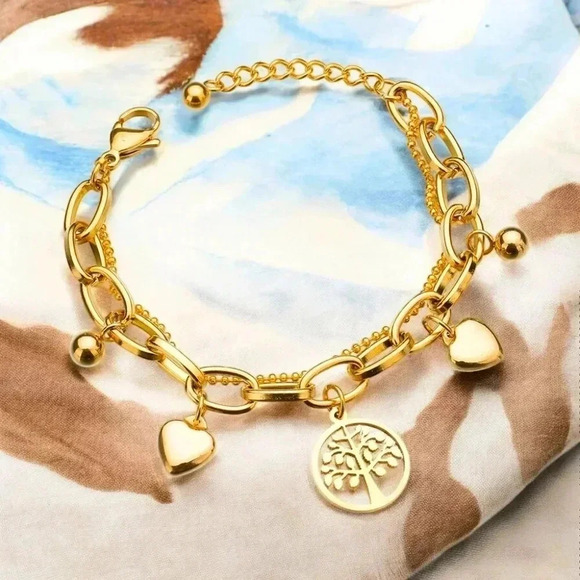 🆕️18K Gold Plated Stainless Steel Tree of Life Charm Bracelet w Hearts & Beads - Picture 3 of 10